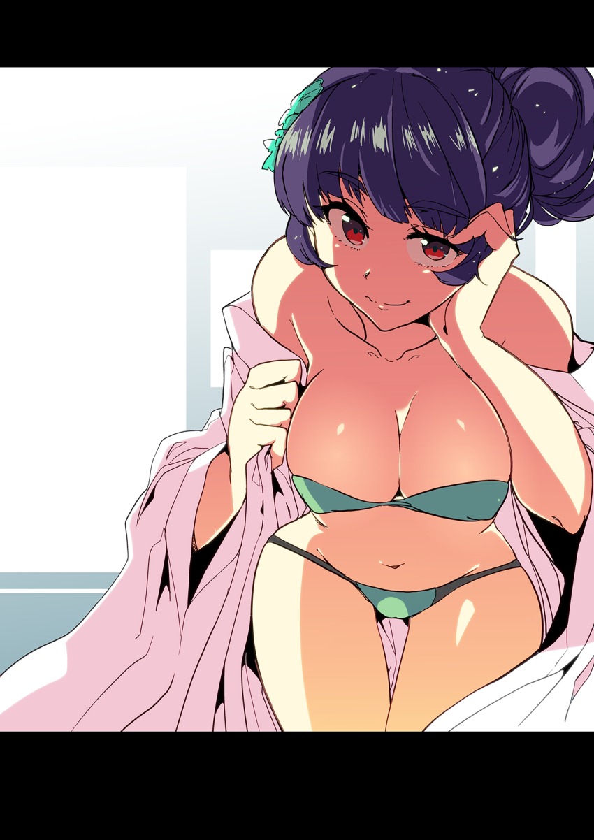 1girl, bad_id, bad_pixiv_id, bikini, female_focus, highres, letterboxed, long_hair, looking_at_viewer, navel, ootori_chacha, purple_eyes, purple_hair, shiun_sanchou, smile, solo, swimsuit, tokyo_7th_sisters, wavy_hair