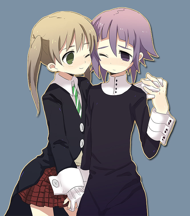 00s, 1girl, androgynous, bad_id, bad_pixiv_id, black_dress, blonde_hair, blue_background, coat, cowboy_shot, crona_(soul_eater), cuff_links, dadami, dress, ecocube, gloves, green_eyes, high_collar, holding_hands, long_hair, long_sleeves, maka_albarn, necktie, one_eye_closed, plaid_clothes, plaid_skirt, purple_eyes, purple_hair, short_hair, shy, simple_background, skirt, smile, soul_eater, sweater, thighhighs, twintails, white_gloves, wince, wink