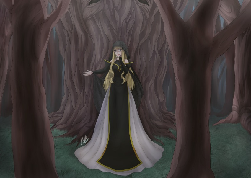 1girl, absurdres, alternate_hair_color, bare_shoulders, black_dress, blonde_hair, blue_eyes, branch