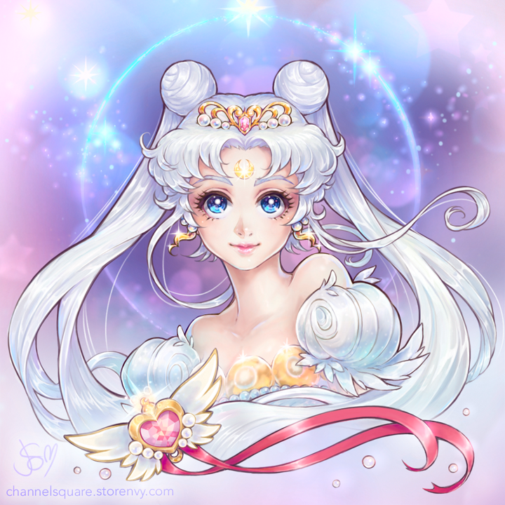 1girl, bare_shoulders, bishoujo_senshi_sailor_moon, blue_eyes, brooch, channel-square, channelsquare, crescent, crescent_facial_mark, double_bun, earrings, eyelashes, facial_mark, female_focus, forehead_mark, gem, gradient_background, hair_bun, heart, heart_brooch, jewelry, long_hair, neo_queen_serenity, pearl_earrings, pink_lips, pink_ribbon, puffy_short_sleeves, puffy_sleeves, ribbon, short_sleeves, signature, smile, solo, sparkle, tiara, tsukino_usagi, twintails, upper_body, watermark, web_address, wing_brooch