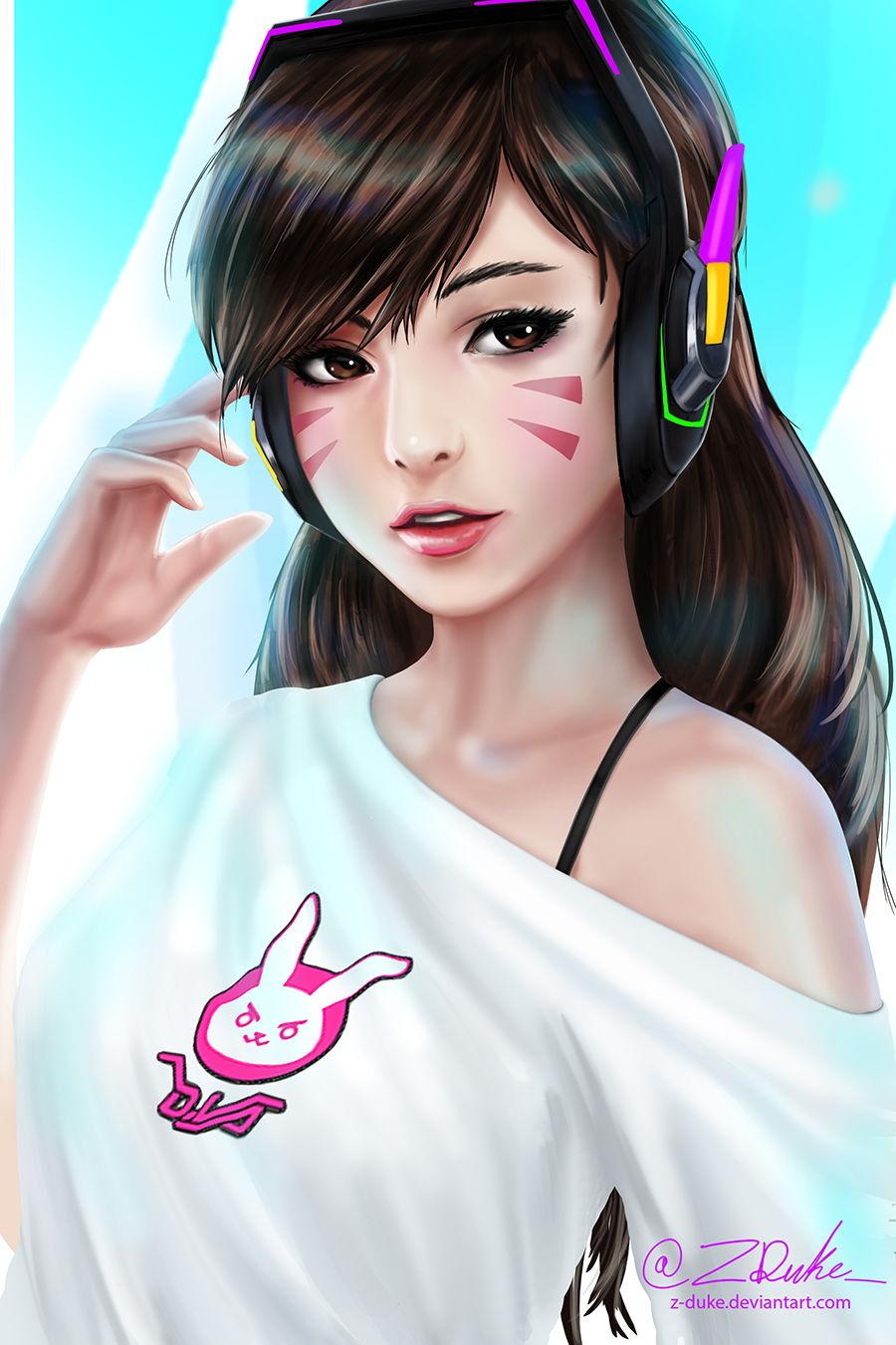 1girl, animal_print, bare_shoulders, brown_eyes, brown_hair, casual, collarbone, d.va_(overwatch)