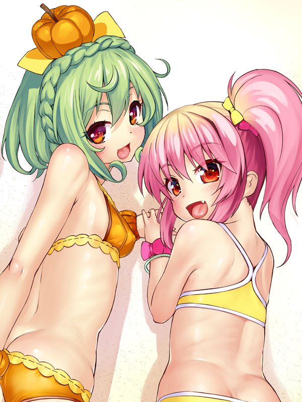 2girls, :d, ass, bikini, blush, bow, braid, butt_crack, crown_braid, fang, flower_knight_girl, food, food-themed_hair_ornament, food_on_head, fruit, fruit_on_head, green_hair, hair_bow, hair_ornament, high_ponytail, lantana_(flower_knight_girl), long_hair, looking_at_viewer, multiple_girls, object_on_head, open_mouth, orange_bikini, pepo_(flower_knight_girl), pink_bow, pink_hair, ponytail, pumpkin_hair_ornament, red_eyes, sasayuki, short_hair, smile, swimsuit, upper_body, wrist_cuffs, yellow_bikini, yellow_bow