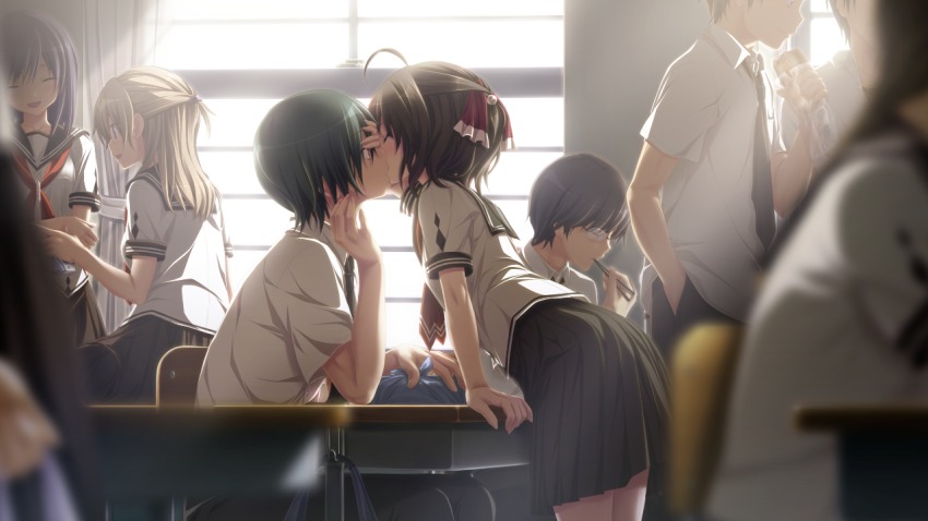 4boys, 4girls, ahoge, amatsutsumi, blush, brown_hair, classroom, closed_eyes, game_cg, green_hair, hair_ribbon, half_updo, hetero, kiss, koku, minazuki_hotaru_(amatsutsumi), multiple_boys, multiple_girls, oribe_makoto_(amatsutsumi), ribbon, school, school_uniform, short_hair, skirt