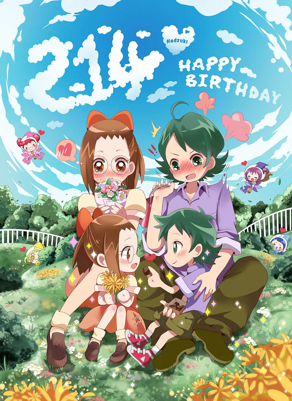 1boy, 5girls, ahoge, asuka_momoko, birthday, blush, bottle_(x890264), character_name