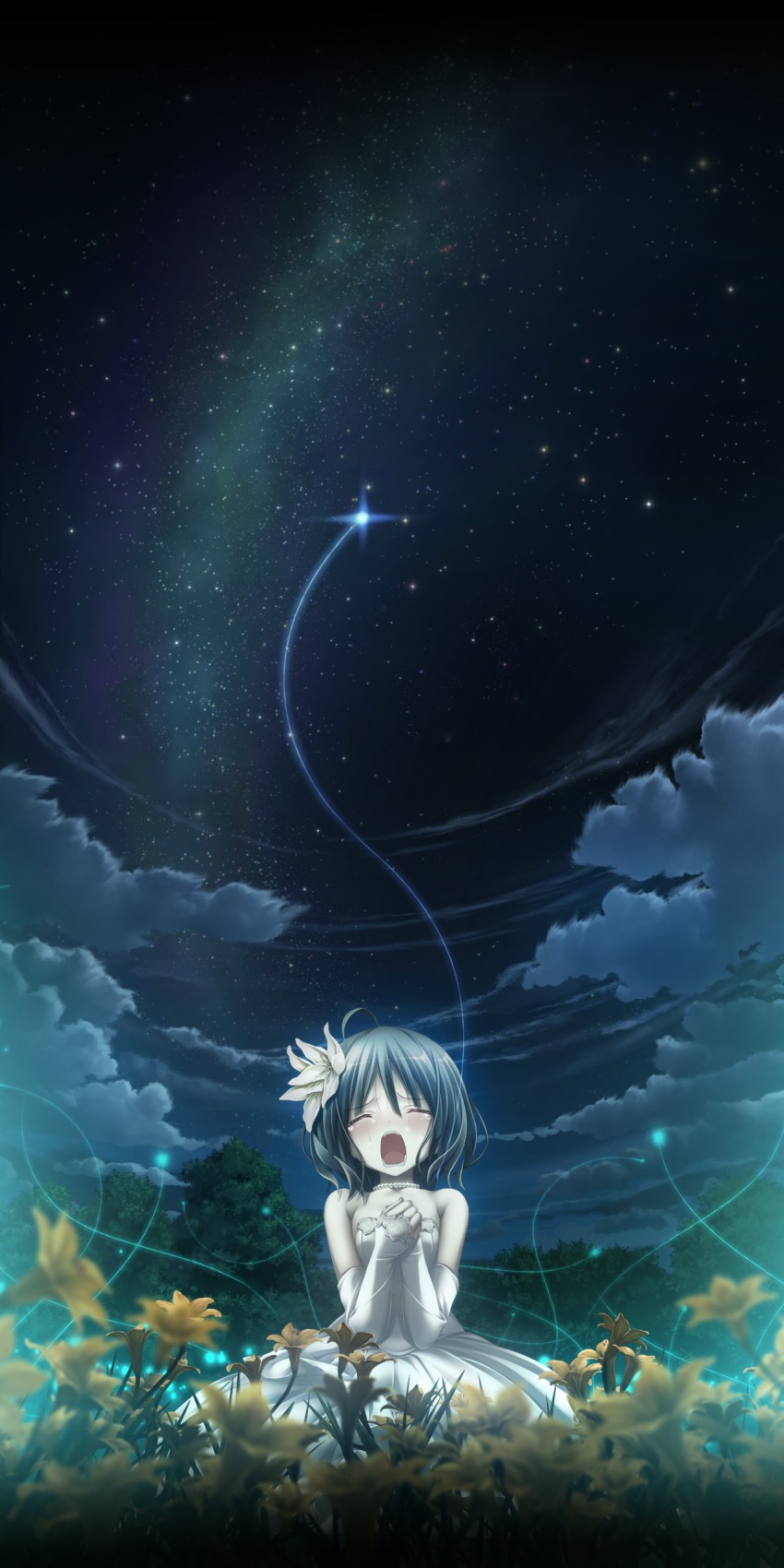 1girl, absurdres, amatsutsumi, cloud, cloudy_sky, crying, detached_sleeves, dress