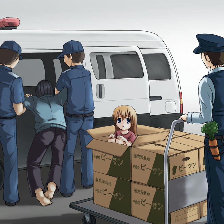 1girl, 4boys, arrest, balaclava, barefoot, beidan, blue_eyes, blue_pants, blue_shirt, box, brown_hair, cardboard_box, carrot, cart, child, dragging, facing_away, hands_on_own_knees, hat, in_box, in_container, japan_national_police, knees_to_chest, long_hair, long_sleeves, looking_at_viewer, motor_vehicle, multiple_boys, pants, peaked_cap, police, police_hat, police_uniform, police_van, shirt, short_sleeves, t-shirt, translation_request, van, vehicle, vest, what