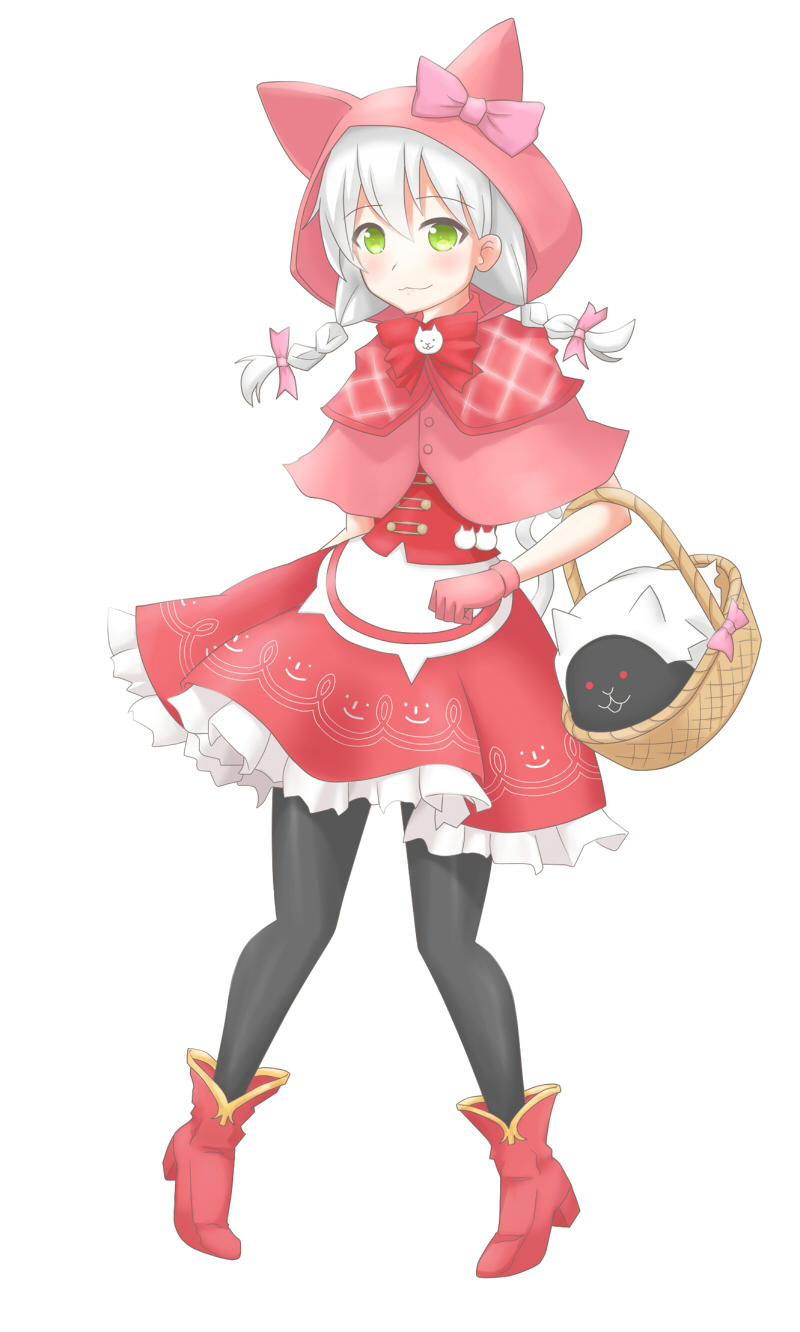 1girl, :3, animal_ears, animal_hood, basket, blush, boots, bow, braid, capelet, cat_(nyanko_daisensou), cat_ears, cat_hood, cat_tail, dress, female_focus, gloves, green_eyes, grey_hair, hair_bow, highres, hood, kane_chori, kaneachori, minya_(nyanko_daisensou), nyanko_daisensou, pantyhose, red_dress, red_hood, smile, solo, tail, thighhighs, twin_braids