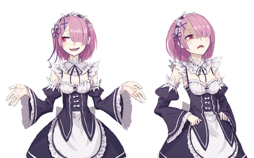 10s, 1girl, :d, apron, black_ribbon, d:, detached_sleeves, frown