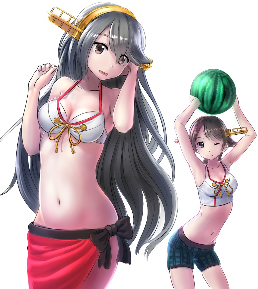 10s, 2girls, adapted_costume, ao_iro, ball, beachball, bikini, bikini_shorts