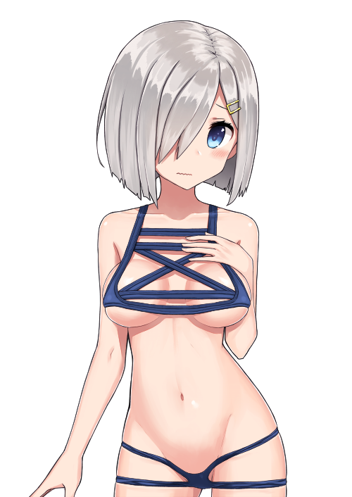 10s, 1girl, azu_(azusayumix), blue_eyes, blush, breasts, collarbone, commentary_request, cowboy_shot, female_focus, hair_ornament, hair_over_one_eye, hairclip, hamakaze_(kancolle), hand_on_own_chest, jpeg_artifacts, kantai_collection, looking_at_viewer, medium_breasts, navel, nontraditional_school_swimsuit, rei_no_mizugi, school_swimsuit, short_hair, silver_hair, simple_background, solo, swimsuit, tareme, wavy_mouth, white_background