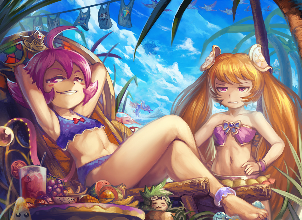 2girls, :3, =_=, ahoge, armpits, arms_behind_head, arms_up, bad_id, bad_pixiv_id, bangle, bikini, bird, blonde_hair, blue_bikini, blush, blush_stickers, bracelet, brave_frontier, chair, clothesline, cloud, collarbone, crossed_legs, day, drink, food, fruit, glass, goggles, goggles_on_head, grapes, green_hair, grin, hair_ornament, hands_on_own_hips, jewelry, jitome, lance_(brave_frontier), long_hair, looking_at_viewer, multiple_girls, navel, outdoors, palm_tree, pink_eyes, purple_bikini, purple_eyes, purple_hair, sae_(brave_frontier), short_hair, sitting, sky, smile, standing, swimsuit, tank_top, themis, tree, twintails, watermelon, yilx