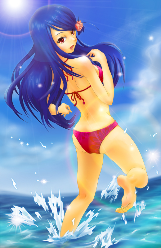 00s, 1girl, ass, bad_id, bad_pixiv_id, barefoot, bikini, blue_hair, feet, female_focus, flower, hair_flower, hair_ornament, lens_flare, long_hair, looking_back, nakasugi_sayaka, ocean, red_eyes, solo, splashing, sumire_(artist), sun, sunlight, swimsuit, tetsuwan_birdy, tetsuwan_birdy_decode, urabi_(tomatohouse), wading, water