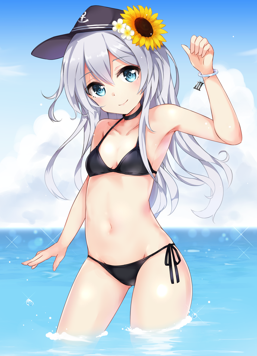 10s, 1girl, bangle, bikini, black_bikini, blue_eyes, blue_sky, blush