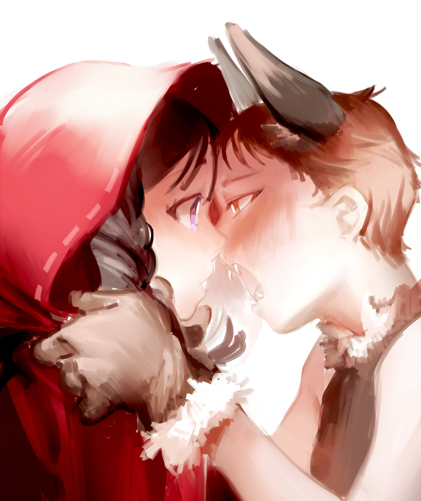 10s, 1boy, 1girl, alternate_costume, animal_ears, animal_hands, big_bad_wolf, big_bad_wolf_(cosplay), black_hair, blush, brown_eyes, brown_gloves, brown_hair, cloak, cosplay, diane_(nanatsu_no_taizai), face-to-face, fang, fang_out, fangs, from_side, fur_trim, gloves, hetero, highres, hood, hooded_cloak, imminent_kiss, intrinsical, kemonomimi_mode, king_(nanatsu_no_taizai), little_red_riding_hood_(fairy_tale), little_red_riding_hood_(fairy_tale_character)_(cosplay), little_red_riding_hood_(fairy_tale_character), long_hair, nanatsu_no_taizai, open_mouth, parted_lips, paw_gloves, profile, purple_eyes, red_hood, ribbon_trim, simple_background, sketch, sleeveless, surprised, twintails, upper_body, wolf_ears