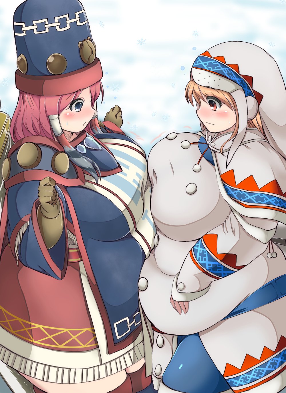 2girls, belly-to-belly, big_belly, blue_eyes, blush, breast_press, breasts, brown_hair, capcom, capelet, cloak, coat, fat, fat_woman, fringe_trim, frown, gammoth_(armor), gloves, highres, hood, hooded_cloak, huge_breasts, kurokaze_no_sora, lagombi_(armor), monster_hunter_(series), monster_hunter_x, multiple_girls, nose_blush, obese, original, pink_hair, red_eyes, sidelocks, snow, snowflakes, symmetrical_docking, thighhighs, urukususu_(armor)