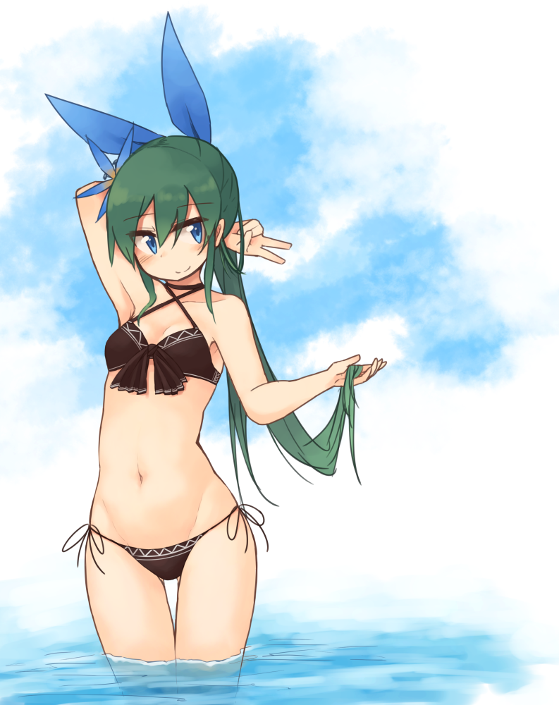 1girl, arm_behind_head, arm_up, bikini, black_bikini, blue_eyes, blue_ribbon, blush