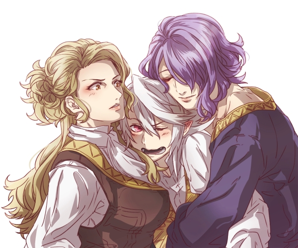 1girl, 2boys, blonde_hair, brown_eyes, camilla_(fire_emblem), closed_eyes, male_corrin_(fire_emblem), fangs