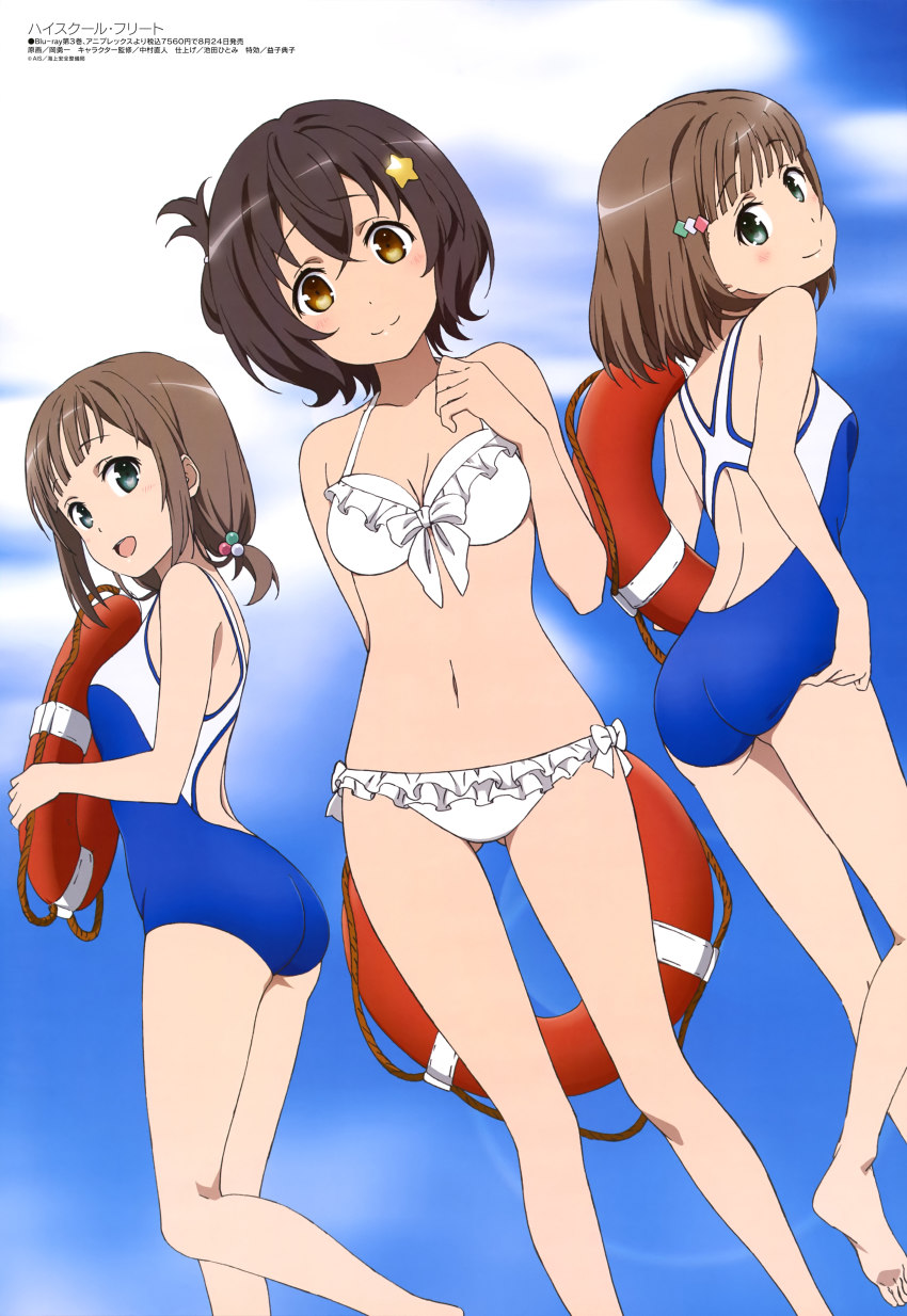 10s, 3girls, :d, absurdres, ass, barefoot, bikini, breasts, brown_hair, cleavage, competition_swimsuit, day, feet, frilled_bikini, frills, hair_ornament, high_school_fleet, highres, irako_mikan, kinesaki_akane, kinesaki_homare, lifebuoy, medium_breasts, multiple_girls, official_art, oka_yuuichi, one-piece_swimsuit, open_mouth, school_swimsuit, short_hair, siblings, sisters, sky, small_breasts, smile, star_(symbol), star_hair_ornament, swim_ring, swimsuit, twins, white_bikini