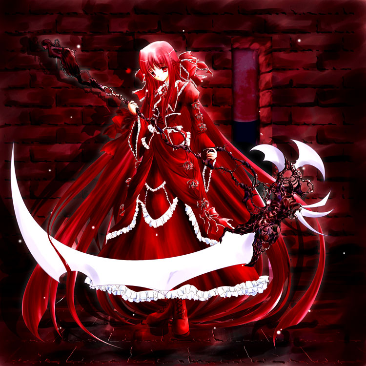 1girl, boots, demon, dress, female_focus, frills, goth_fashion, hair_ribbon, hisame_shizuki, long_hair, red_boots, red_dress, red_eyes, red_hair, red_theme, ribbon, scythe, solo, very_long_hair, warrior, weapon