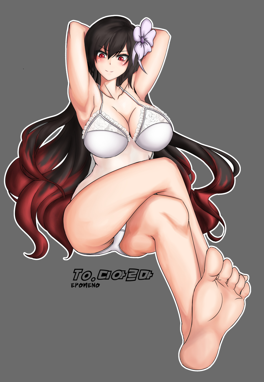 00s, 1girl, arm_behind_head, armpits, arms_up, bare_shoulders, barefoot, black_hair