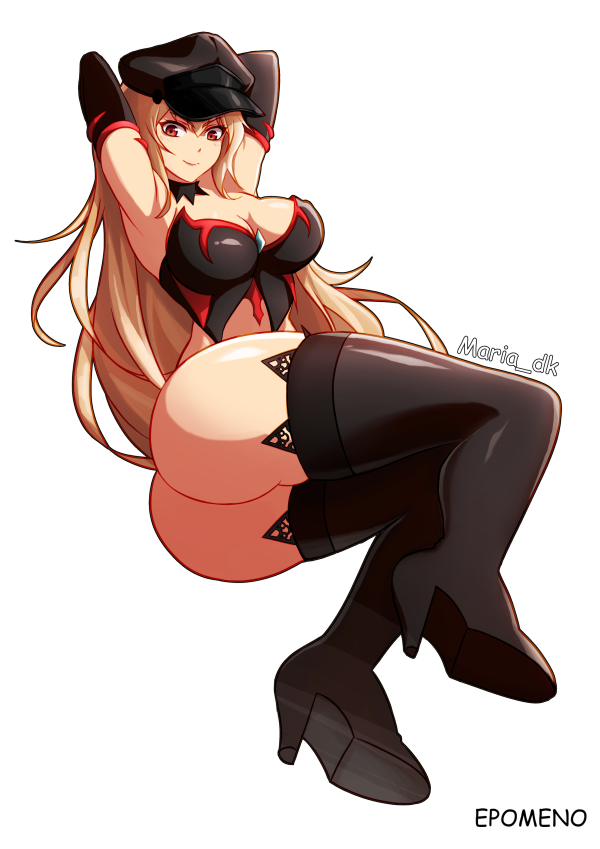 00s, 1girl, arm_behind_head, armpits, ass, black_gloves, black_thighhighs, blonde_hair