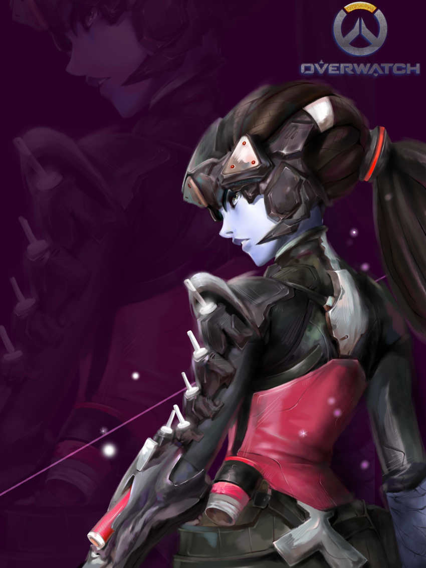 1girl, absurdres, alternate_hairstyle, armor, bodysuit, colored_skin, copyright_name, cowboy_shot