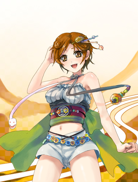 aoii_mikoko, brown_eyes, brown_hair, midriff, navel, otosume_ruiko, short_hair, shorts