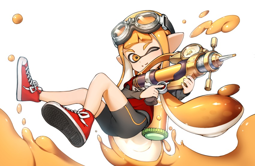 1girl, bike_shorts, black_shorts, blunt_bangs, converse, female_focus, holding, holding_weapon