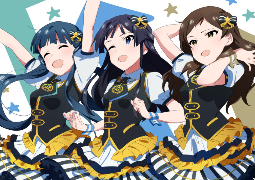 10s, 3girls, :d, ;d, ^_^, black_hair, blue_hair, brown_eyes