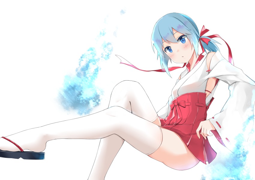 1girl, absurdres, alternate_costume, blue_eyes, blue_fire, blue_hair, blush, bow, breasts, clothing_cutout, ero_mang-a, female_focus, fire, floating, full_body, hair_between_eyes, hakama, hakama_skirt, highres, hitodama, japanese_clothes, leg_up, long_sleeves, looking_at_viewer, low_ponytail, matching_hair/eyes, miko, miyuki_(warship_girls_r), ponytail, red_bow, red_ribbon, ribbon, sandals, short_ponytail, side_cutout, sitting, skirt, small_breasts, solo, thighhighs, warship_girls_r, white_background, white_thighhighs, wide_sleeves