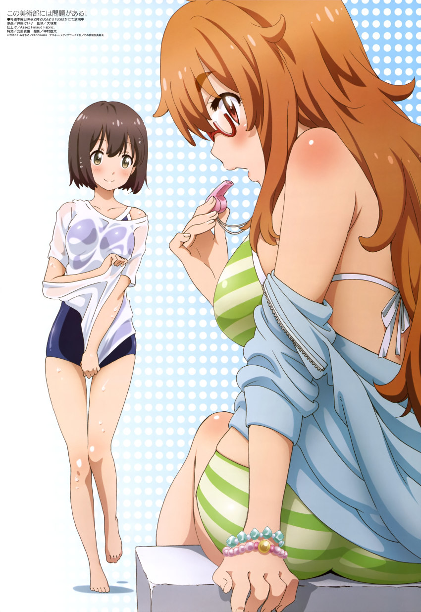 10s, 2girls, absurdres, barefoot, bikini, blush, bracelet, brown_eyes, brown_hair, competition_school_swimsuit, covering_crotch, covering_privates, feet, from_behind, glasses, highres, jewelry, kono_bijutsubu_niwa_mondai_ga_aru!, legs, long_hair, megami_magazine, multiple_girls, non-web_source, official_art, one-piece_swimsuit, polka_dot, polka_dot_background, profile, school_swimsuit, shirt, smile, striped_bikini, striped_clothes, swimsuit, t-shirt, tachibana_yumeko, usami_mizuki, very_long_hair, wet, wet_clothes, wet_shirt, whistle, white_shirt