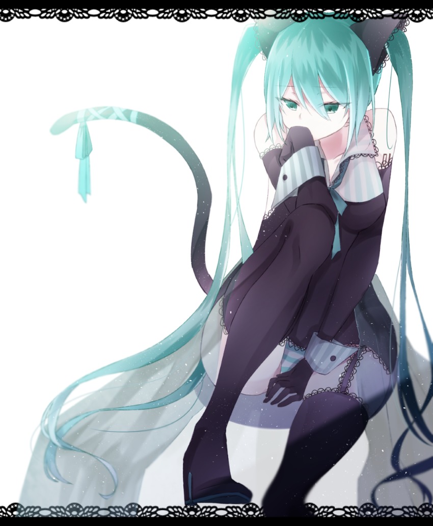1girl, animal_ears, aqua_eyes, aqua_hair, bad_id, bad_pixiv_id, black_boots, black_gloves, black_thighhighs, boots, breasts, cat_ears, cat_tail, detached_sleeves, elbow_gloves, female_focus, garter_straps, gloves, hatsune_miku, high_heel_boots, high_heels, highres, long_hair, panties, ribbon, risky_game_(vocaloid), sleeveless, solo, soroco, striped_clothes, striped_panties, tail, tail_ornament, tail_ribbon, thigh_boots, thighhighs, twintails, underwear, very_long_hair, vocaloid, wrist_cuffs