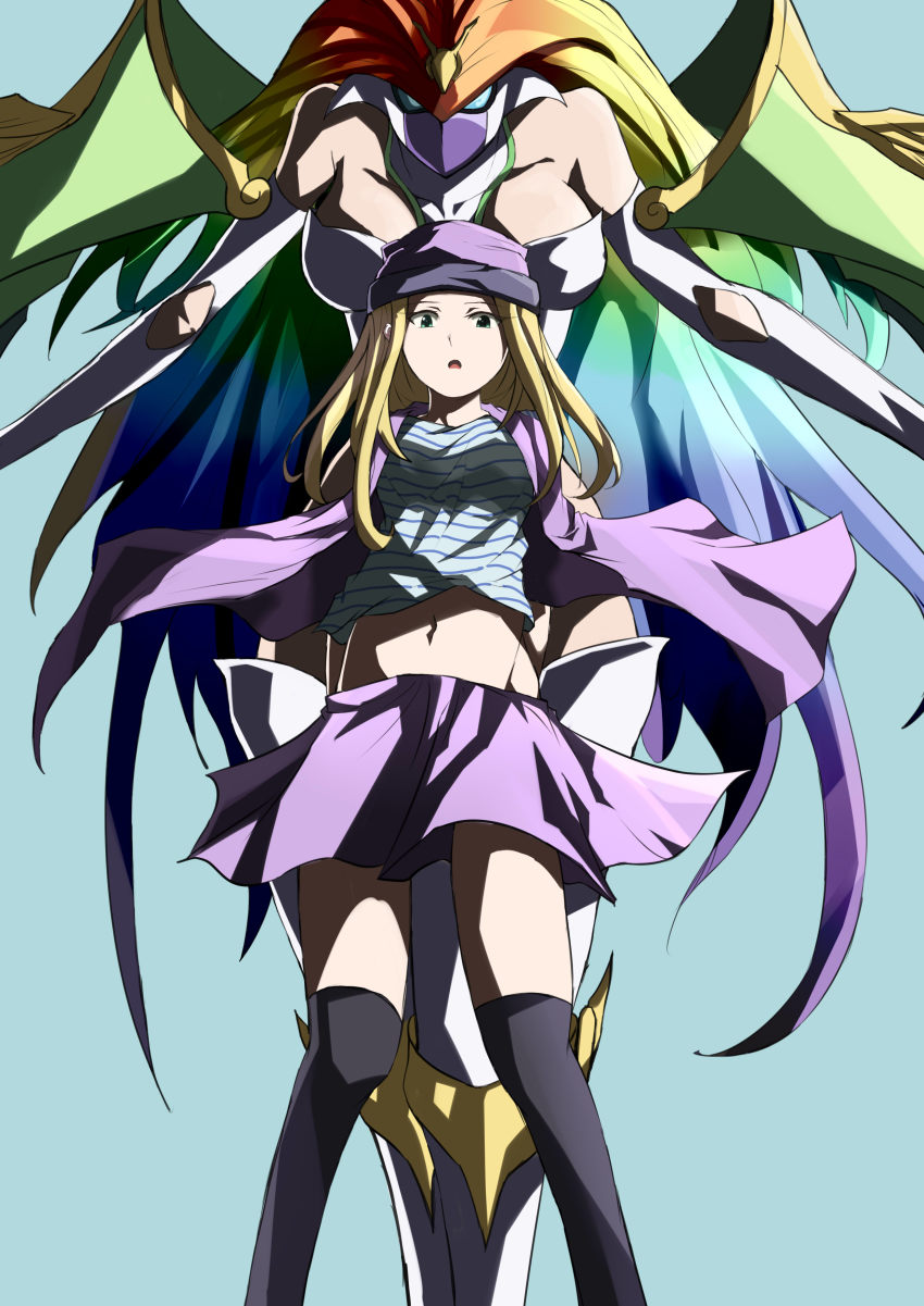 00s, absurdres, ancientirismon, blonde_hair, blue_eyes, breasts, cleavage, digimon, digimon_frontier, dual_persona, hat, helmet, highres, long_hair, looking_at_viewer, mask, midriff, multicolored_hair, navel, orimoto_izumi, pink_skirt, shirt, skirt, striped_clothes, striped_shirt, thighhighs