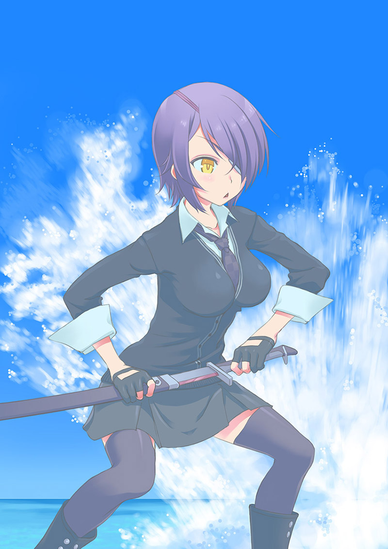10s, 1girl, breasts, checkered_floor, cloud, day, drawing_sword, eyepatch