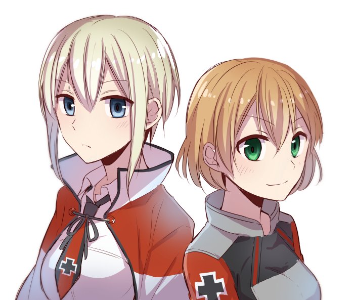 10s, 2girls, alternate_hair_length, alternate_hairstyle, blonde_hair, blue_eyes, capelet, commentary_request, graf_zeppelin_(kancolle), green_eyes, unworn_headwear, kantai_collection, multiple_girls, necktie, prinz_eugen_(kancolle), shika_(hachilemon), short_hair, uniform