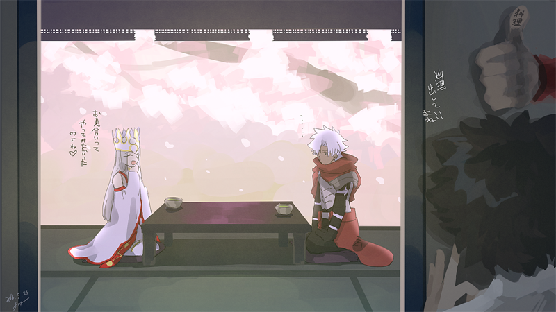 1girl, 3boys, alternate_costume, archer_(fate), archer_class_(fate), armor, assassin_class_(fate), belt