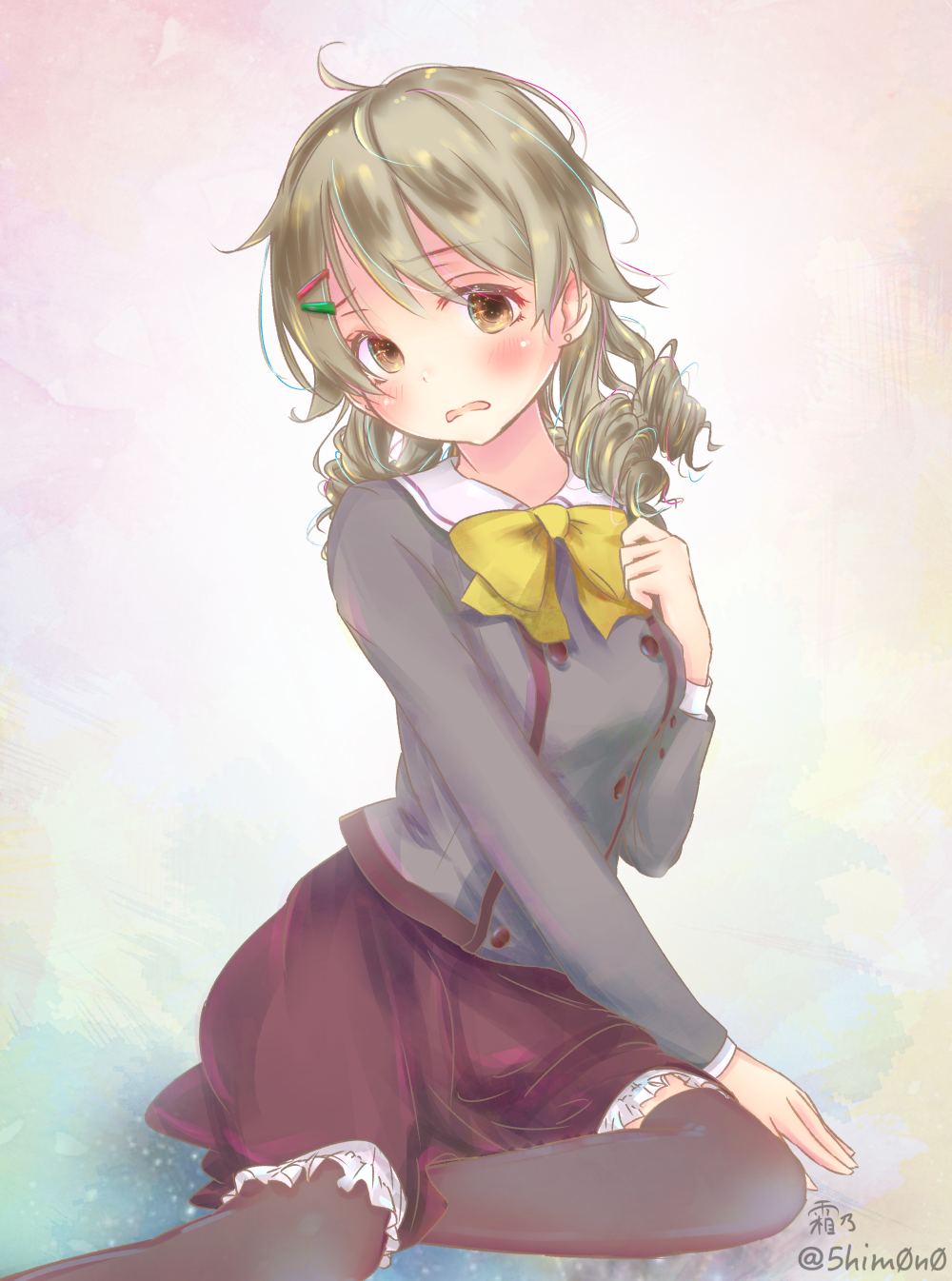 10s, 1girl, arm_support, black_pantyhose, blonde_hair, blush, brown_eyes, cosplay