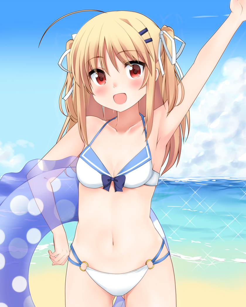 1girl, bikini, blonde_hair, female_focus, innertube, long_hair, madoushi_s, nonohara_nagisa
