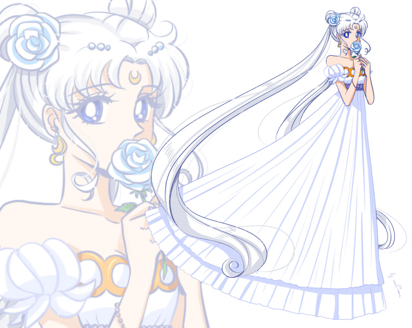 1girl, bare_shoulders, bishoujo_senshi_sailor_moon, blue_eyes, crescent, crescent_facial_mark, double_bun, dress