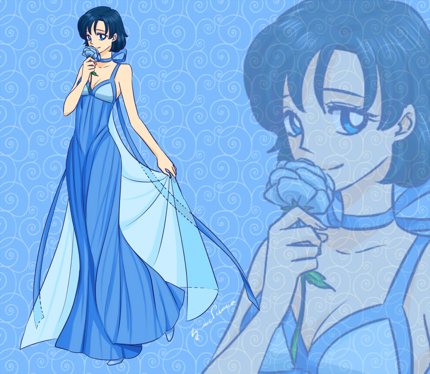 1girl, bishoujo_senshi_sailor_moon, blue_background, blue_dress, blue_eyes, blue_flower, blue_hair, blue_rose