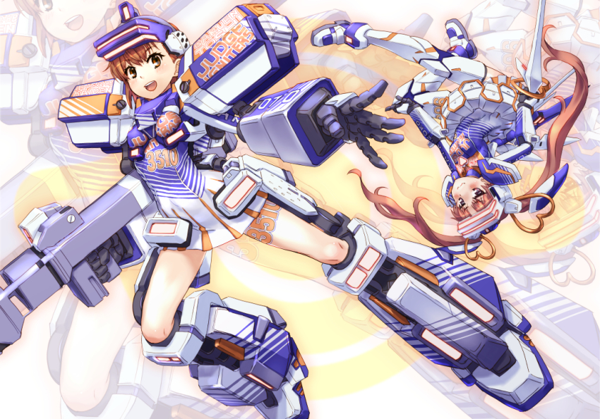 2girls, arched_back, armor, body_writing, cheerleader, clothes_writing, cosplay, embarrassed