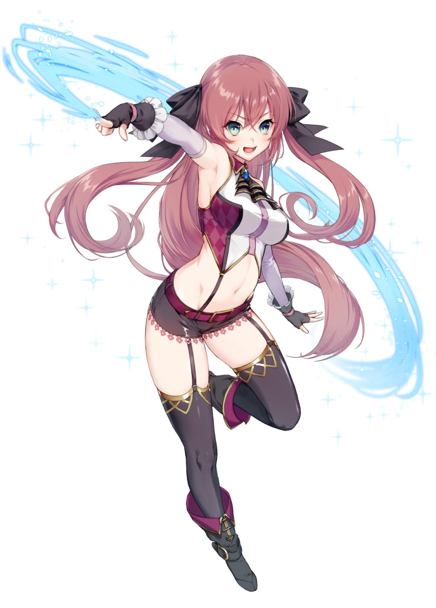 1girl, armpits, ascot, bare_shoulders, bemani, black_gloves, black_thighhighs, blush, boots, breasts, character_request, female_focus, fingerless_gloves, garter_straps, gloves, green_eyes, hair_ribbon, highres, index_finger_raised, lace, long_hair, midriff, museca, navel, open_mouth, purple_hair, ribbon, short_shorts, shorts, simple_background, smile, solo, thighhighs, tokki, very_long_hair, white_background