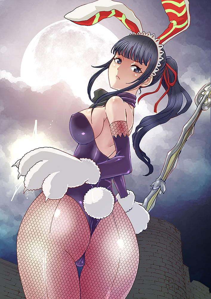 1girl, :<, animal_ears, animal_hands, ass, ass_focus, back-seamed_legwear, black_eyes