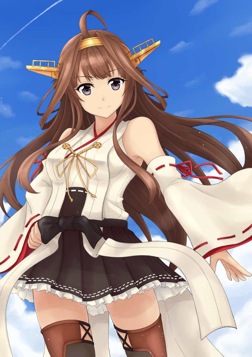 10s, 1girl, absurdres, bare_shoulders, blue_sky, boots, brown_hair, cloud