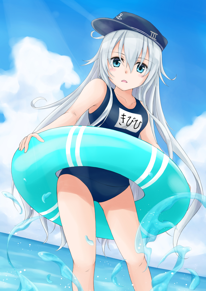 10s, 1girl, absurdres, anchor_symbol, beach, blue_eyes, cloud, day