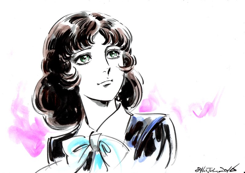 1girl, brown_hair, dated, female_focus, green_eyes, hayama_jun'ichi, looking_away, marker_(medium), misonoo_nanako, oniisama_e..., parted_bangs, school_uniform, smile, solo, traditional_media, upper_body