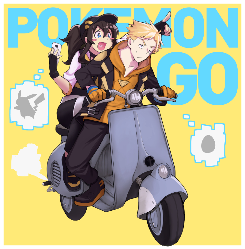 10s, 1boy, 1girl, baseball_cap, black_gloves, blonde_hair, blue_eyes, blush