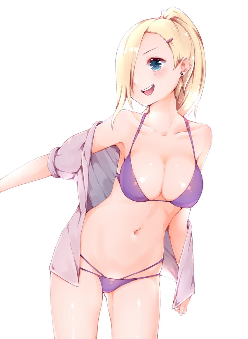 1girl, :d, arm_at_side, azuki_(krps-hano), backlighting, bad_id, bikini, bikini_under_clothes, blonde_hair, blue_eyes, breasts, cleavage, collarbone, cowboy_shot, earrings, female_focus, hair_ornament, hair_over_one_eye, hairclip, halterneck, highres, jewelry, large_breasts, leaning_forward, legs_apart, long_hair, looking_back, manatsuki_manata, multi-strapped_bikini_bottom, naruto_(classic), naruto_(series), navel, off_shoulder, one_eye_covered, open_clothes, open_mouth, open_shirt, outstretched_arm, ponytail, puffy_short_sleeves, puffy_sleeves, purple_bikini, shirt, short_sleeves, simple_background, smile, solo, stomach, string_bikini, stud_earrings, swimsuit, white_background, yamanaka_ino