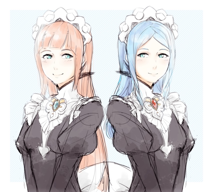 2girls, alternate_hairstyle, apron, aqua_eyes, blue_hair, blush, bow, commentary