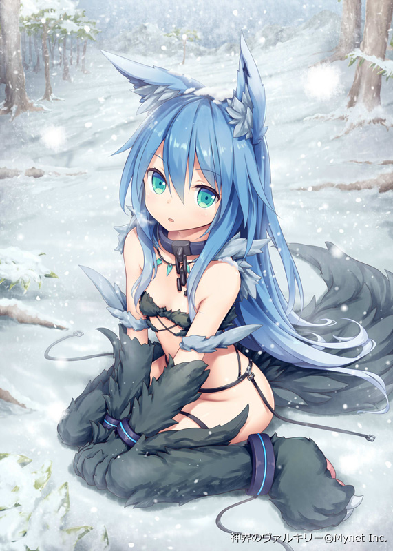 1girl, akkijin, animal_ears, animal_hands, bare_shoulders, blue_hair, breasts, cuffs, day, female_focus, green_eyes, long_hair, outdoors, shackles, shinkai_no_valkyrie, sidelocks, sitting, small_breasts, snow, snowing, solo, squall_(shinkai_no_valkyrie), tail, very_long_hair, wariza, wolf_ears, wolf_tail